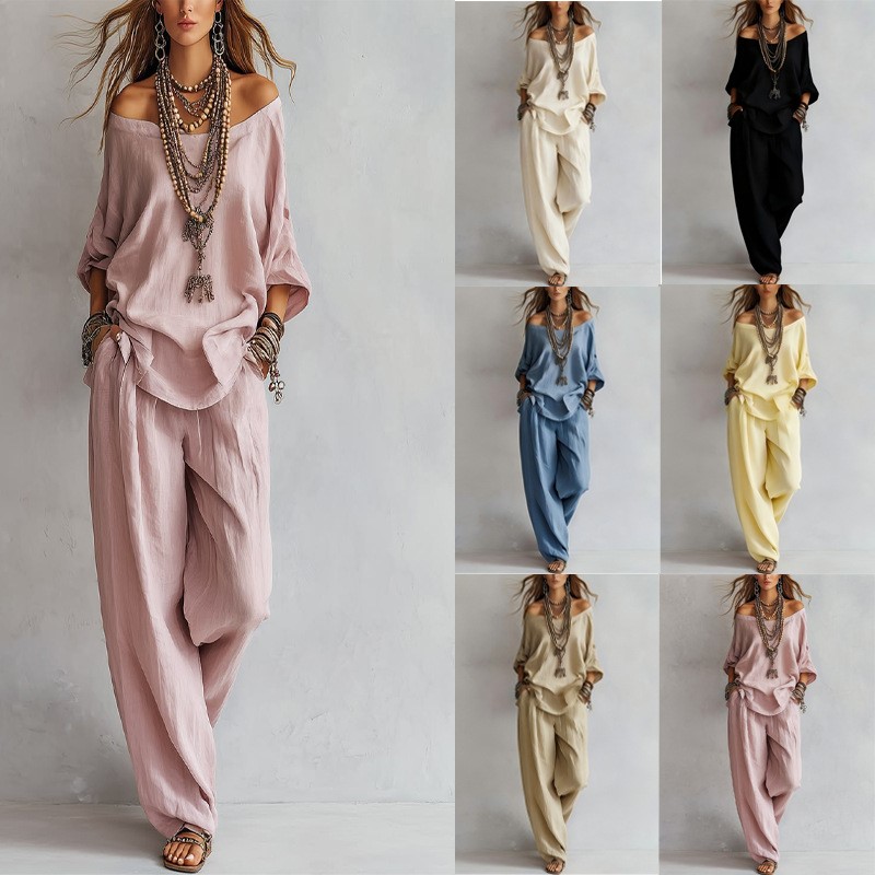 Linen Pant Wide - Setelan Wanita Dua Potong Atasan Lengan