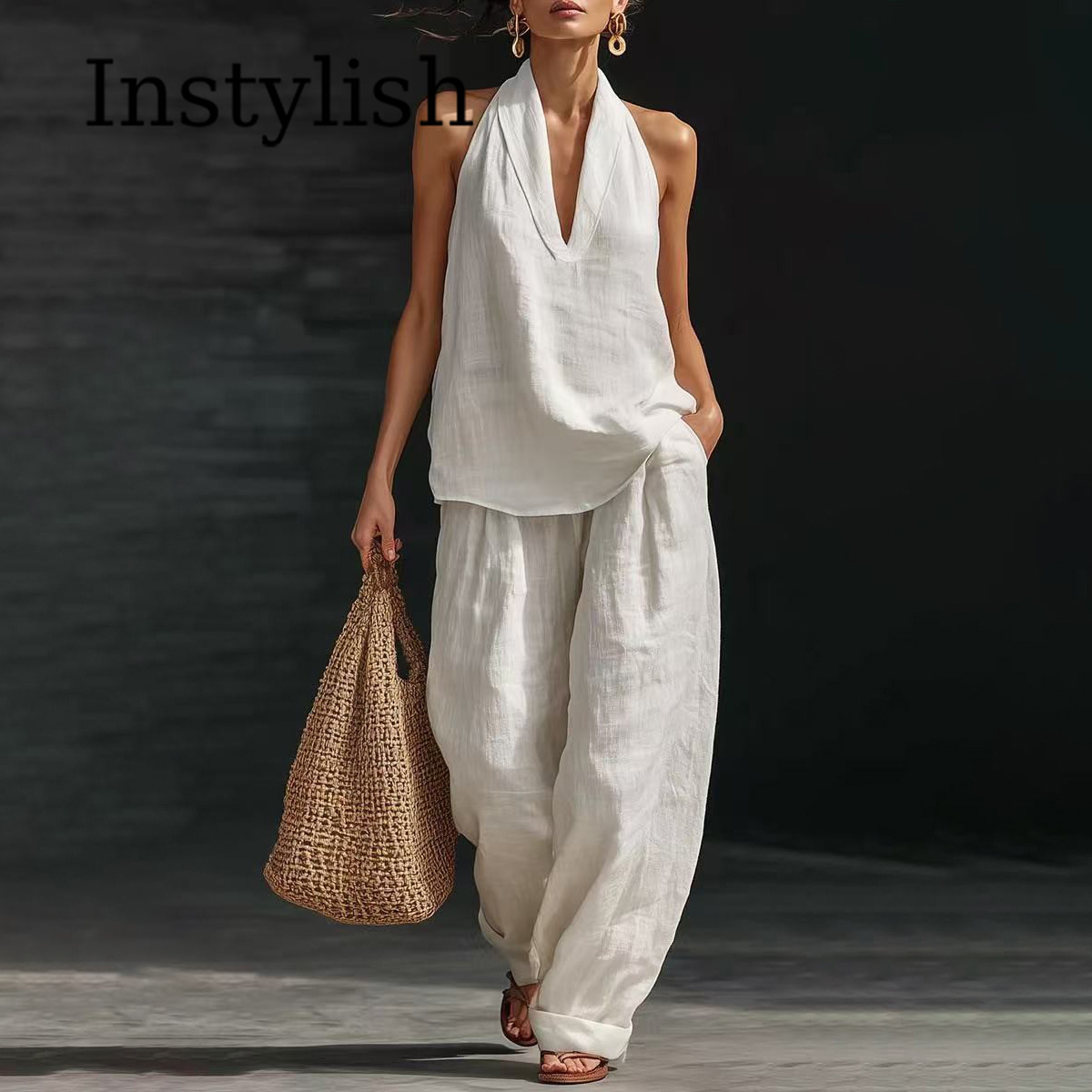 Linen Pant Wide - Setelan Wanita Musim Panas Kasual Linen