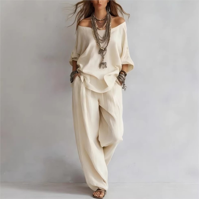 Setelan Wanita Dua Potong Atas - Linen Pant Wide ulasan dan harga