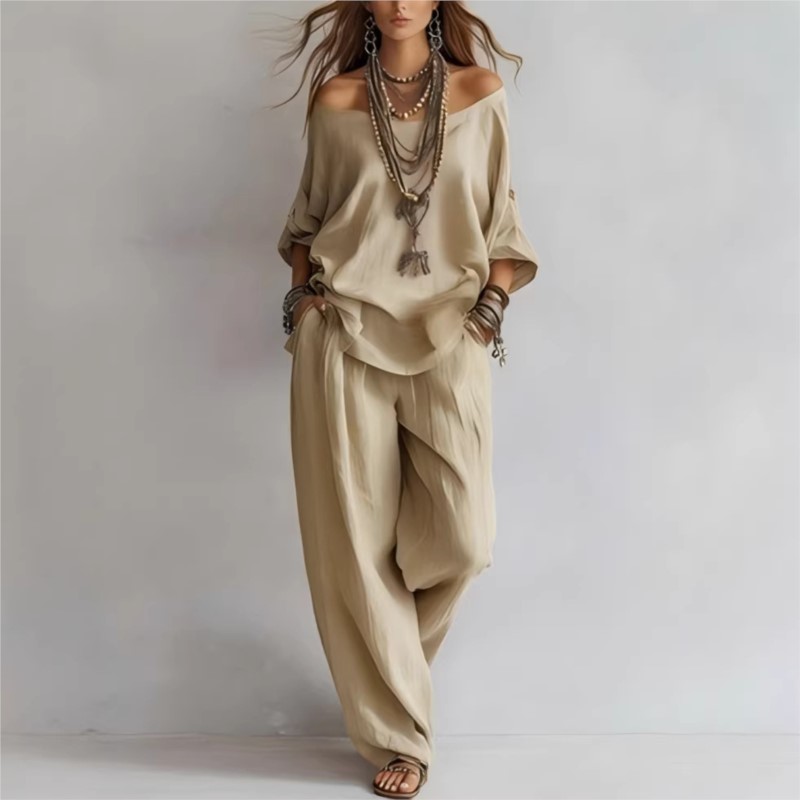 Setelan Wanita Dua Potong Atas - Linen Pant Wide ulasan dan harga